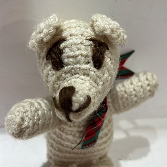Handmade crochet teddy bear size 6.5”, color: beige with plaid neck ribbon - Picture 3 of 5